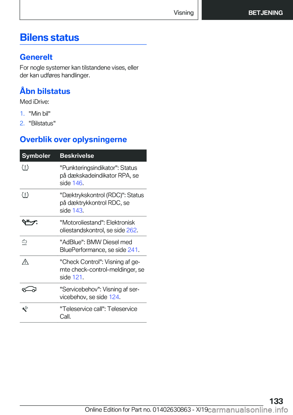 BMW 4 SERIES GRAN COUPE 2020  InstruktionsbØger (in Danish) �B�i�l�e�n�s��s�t�a�t�u�s
�G�e�n�e�r�e�l�t
�F�o�r��n�o�g�l�e��s�y�s�t�e�m�e�r��k�a�n��t�i�l�s�t�a�n�d�e�n�e��v�i�s�e�s�,��e�l�l�e�r �d�e�r��k�a�n��u�d�f�