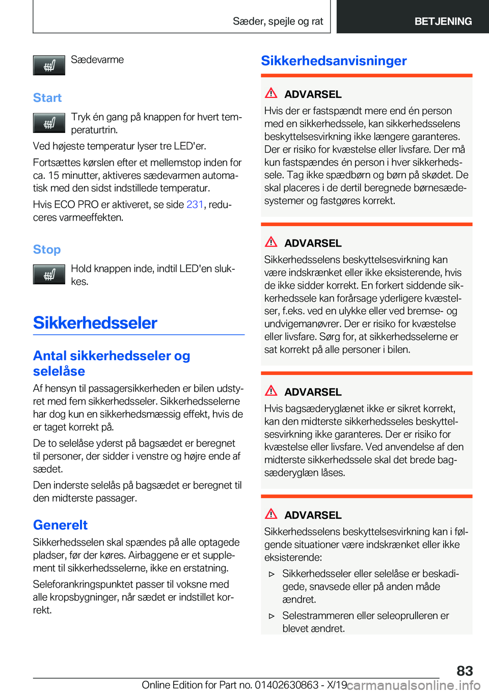 BMW 4 SERIES GRAN COUPE 2020  InstruktionsbØger (in Danish) �S�æ�d�e�v�a�r�m�e
�S�t�a�r�t �T�r�y�k��