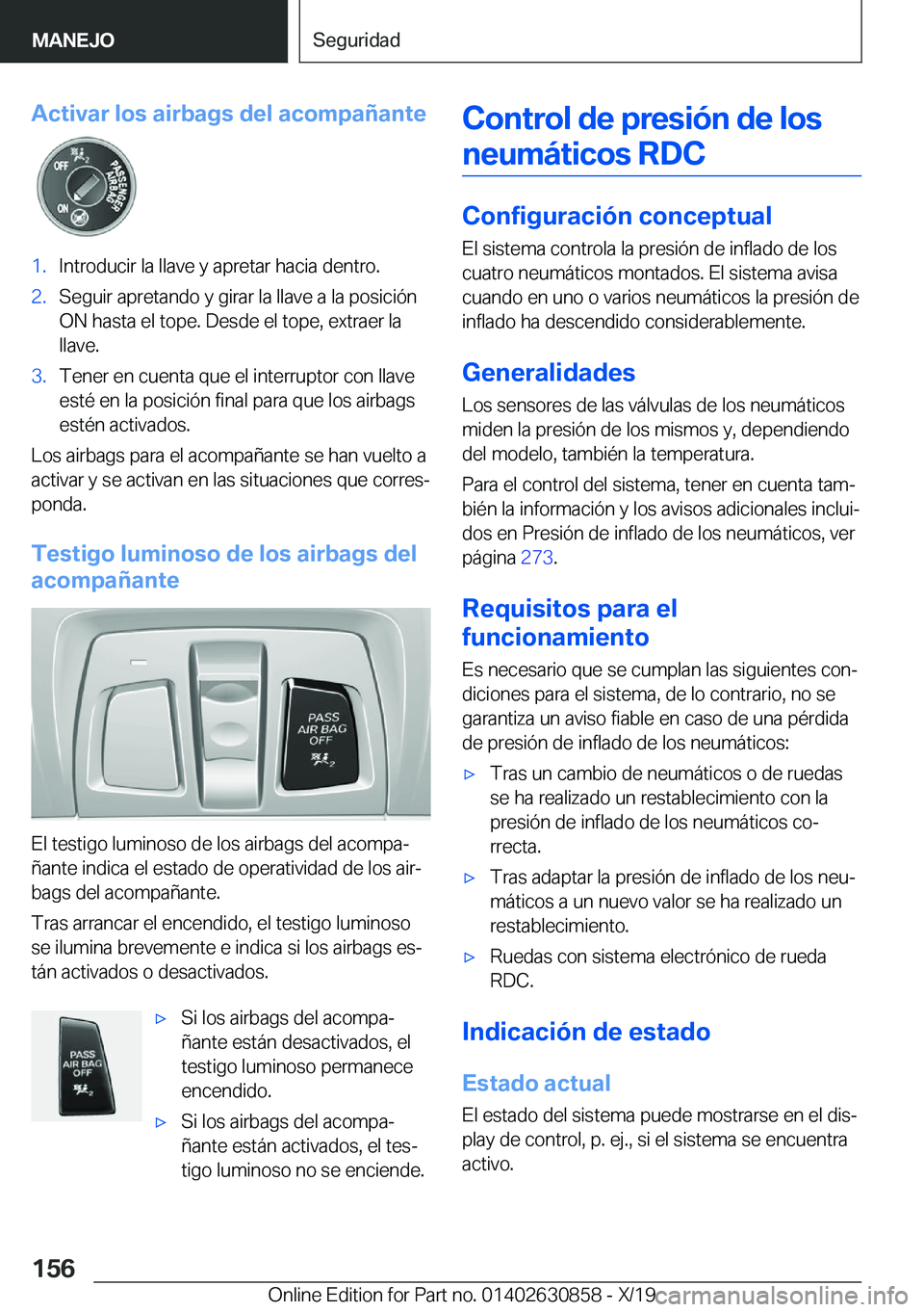 BMW 4 SERIES GRAN COUPE 2020  Manuales de Empleo (in Spanish) �A�c�t�i�v�a�r��l�o�s��a�i�r�b�a�g�s��d�e�l��a�c�o�m�p�a�