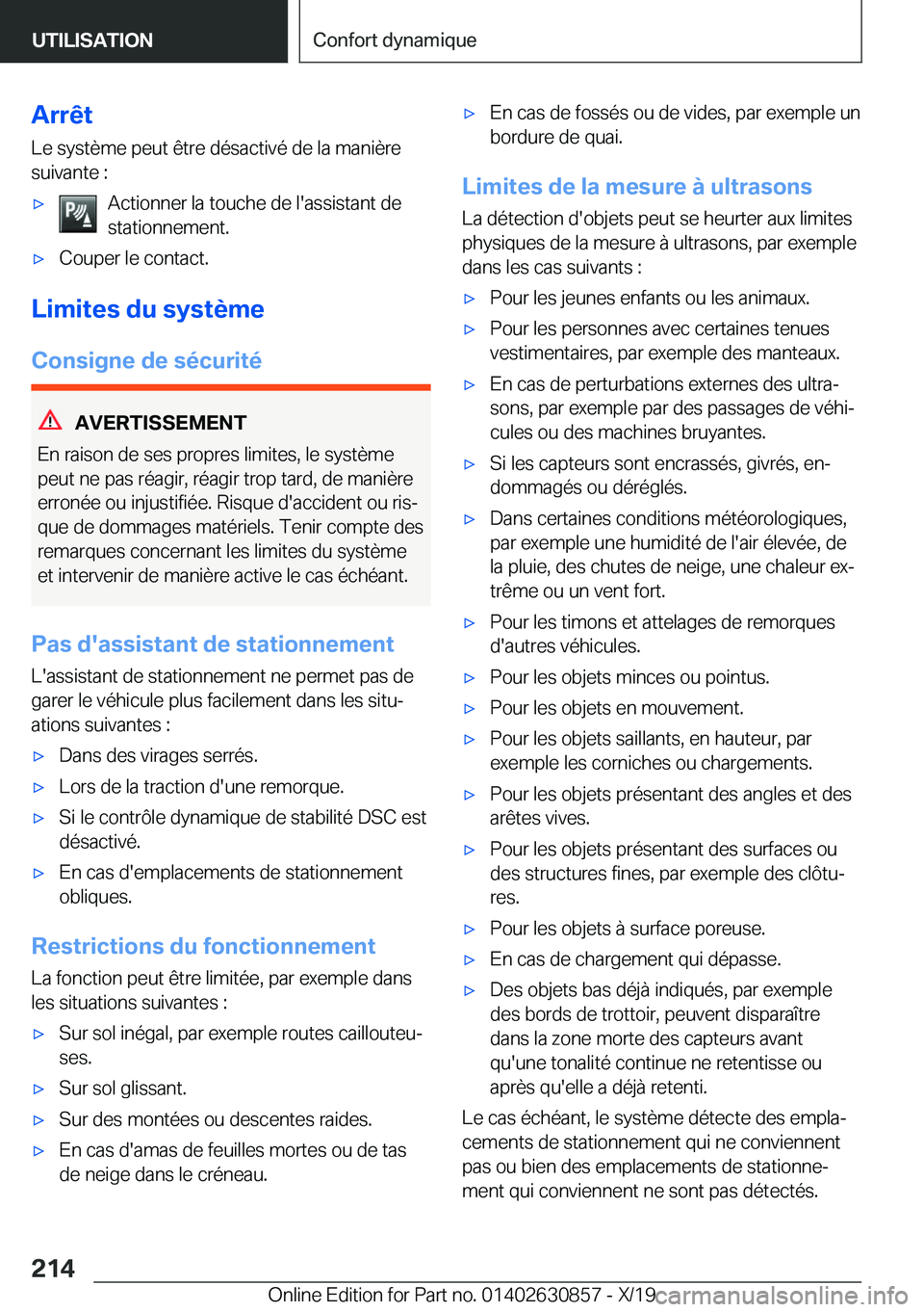 BMW 4 SERIES GRAN COUPE 2020  Notices Demploi (in French) �A�r�r�ê�t�L�e��s�y�s�t�è�m�e��p�e�u�t��ê�t�r�e��d�é�s�a�c�t�i�v�é��d�e��l�a��m�a�n�i�è�r�e�s�u�i�v�a�n�t�e��:'x�A�c�t�i�o�n�n�e�r��l�a��t�o�u�c�h�e��d�e��l�'�a�s�s�i�s�t�a�n