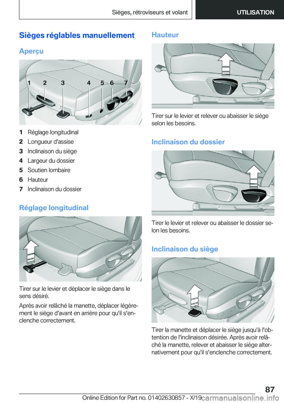 BMW 4 SERIES GRAN COUPE 2020  Notices Demploi (in French) �S�i�è�g�e�s��r�é�g�l�a�b�l�e�s��m�a�n�u�e�l�l�e�m�e�n�t
�A�p�e�r�ç�u�1�R�é�g�l�a�g�e��l�o�n�g�i�t�u�d�i�n�a�l�2�L�o�n�g�u�e�u�r��d�'�a�s�s�i�s�e�3�I�n�c�l�i�n�a�i�s�o�n��d�u��s�i�è�g�e