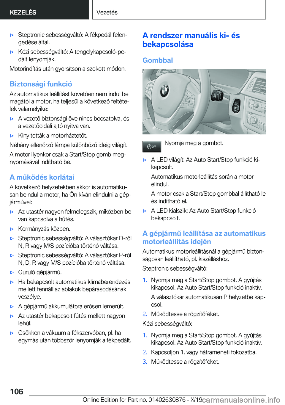 BMW 4 SERIES GRAN COUPE 2020  Kezelési útmutató (in Hungarian) x�S�t�e�p�t�r�o�n�i�c��s�e�b�e�s�s�