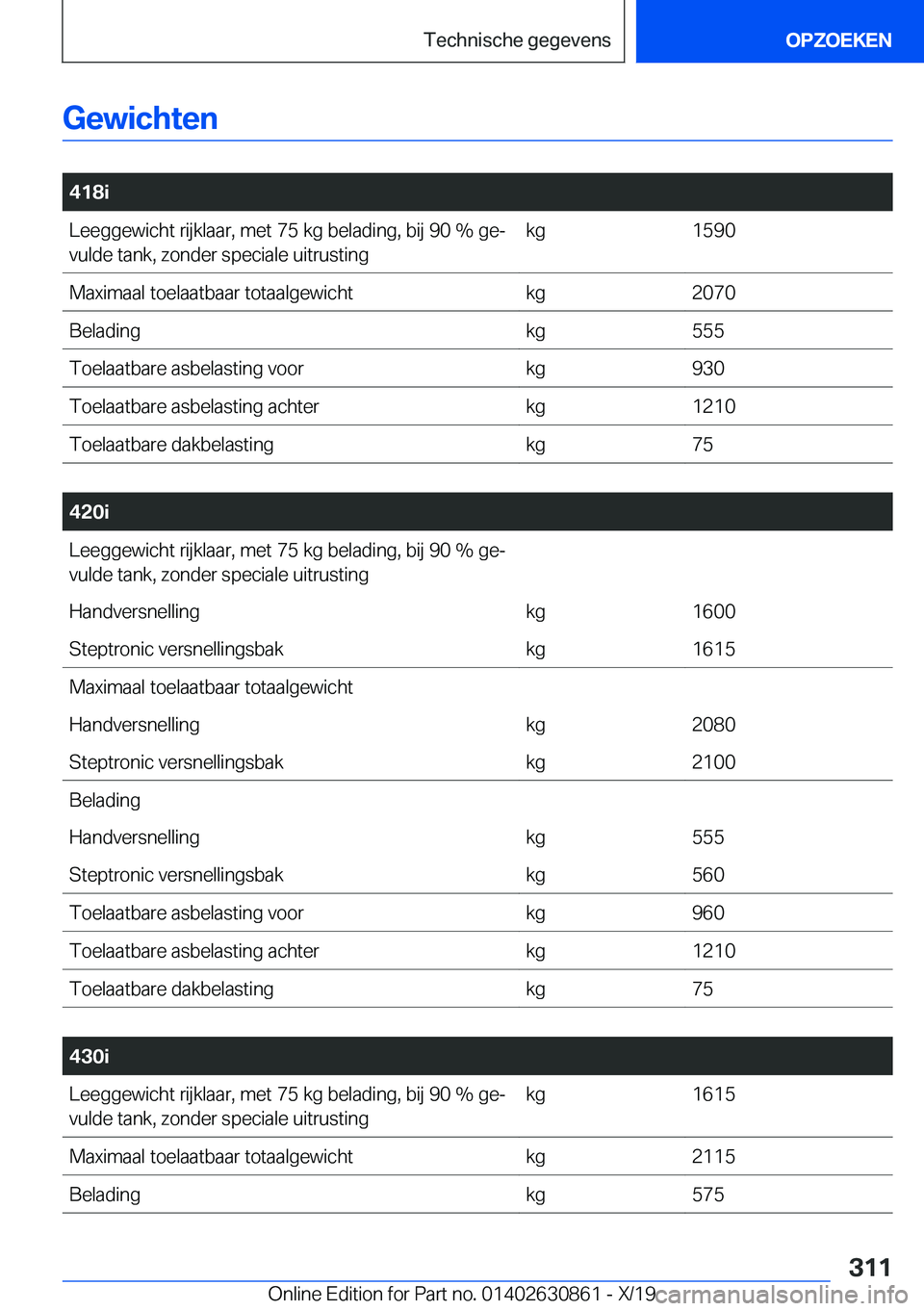 BMW 4 SERIES GRAN COUPE 2020  Instructieboekjes (in Dutch) �G�e�w�i�c�h�t�e�n
�
�4�1�8�i�L�e�e�g�g�e�w�i�c�h�t��r�i�j�k�l�a�a�r�,��m�e�t��7�5��k�g��b�e�l�a�d�i�n�g�,��b�i�j��9�0��%��g�ej�v�u�l�d�e��t�a�n�k�,��z�o�n�d�e�r��s�p�e�c�i�a�l�e��u�i�t