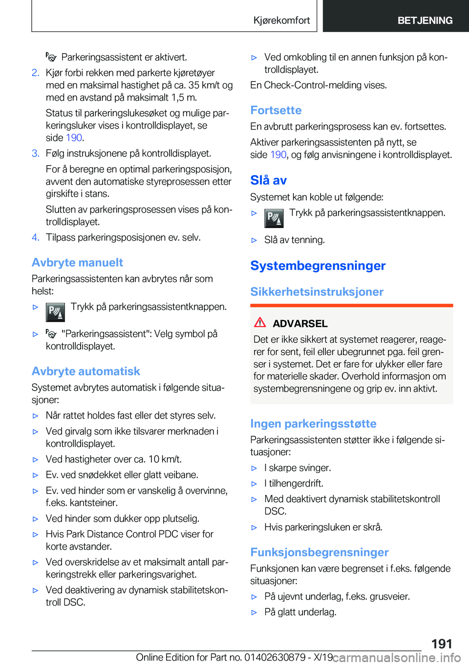BMW 4 SERIES GRAN COUPE 2020  InstruksjonsbØker (in Norwegian) ���P�a�r�k�e�r�i�n�g�s�a�s�s�i�s�t�e�n�t��e�r��a�k�t�i�v�e�r�t�.�2�.�K�j�