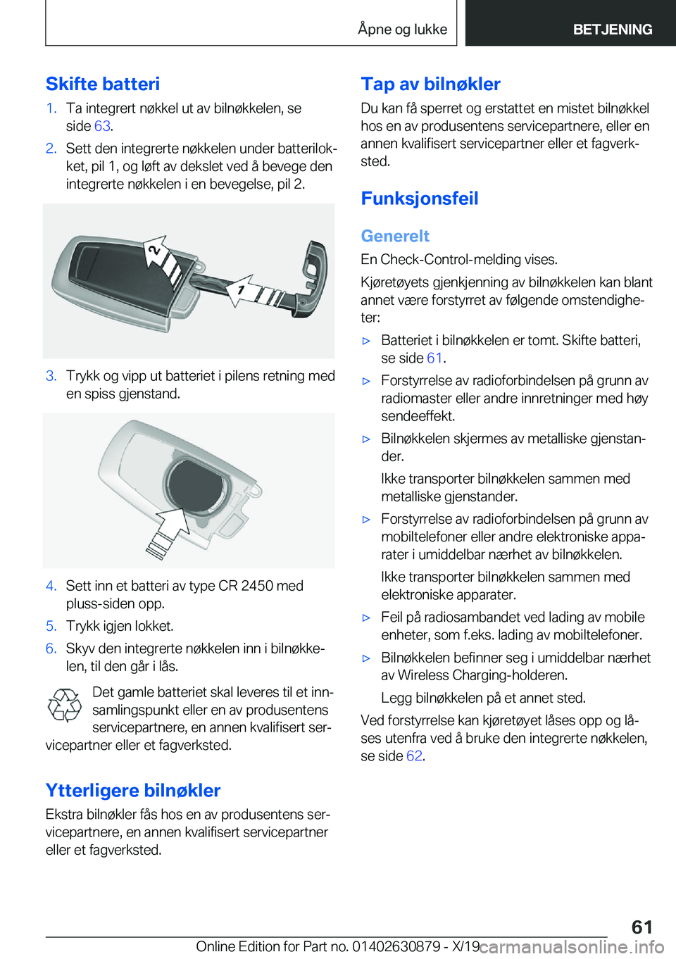 BMW 4 SERIES GRAN COUPE 2020  InstruksjonsbØker (in Norwegian) �S�k�i�f�t�e��b�a�t�t�e�r�i�1�.�T�a��i�n�t�e�g�r�e�r�t��n�