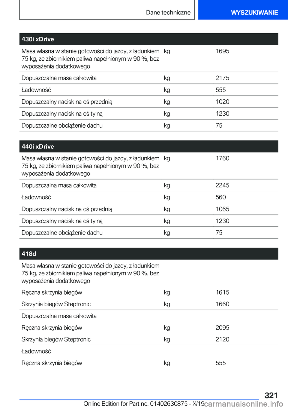 BMW 4 SERIES GRAN COUPE 2020  Instrukcja obsługi (in Polish) �4�3�0�i��x�D�r�i�v�e�M�a�s�a��w�ł�a�s�n�a��w��s�t�a�n�i�e��g�o�t�o�w�o�c�i��d�o��j�a�z�d�y�,��z��ł�a�d�u�n�k�i�e�m
�7�5��k�g�,��z�e��z�b�i�o�r�n�i�k�i�e�m��p�a�l�i�w�a��n�a�p�e�ł�n