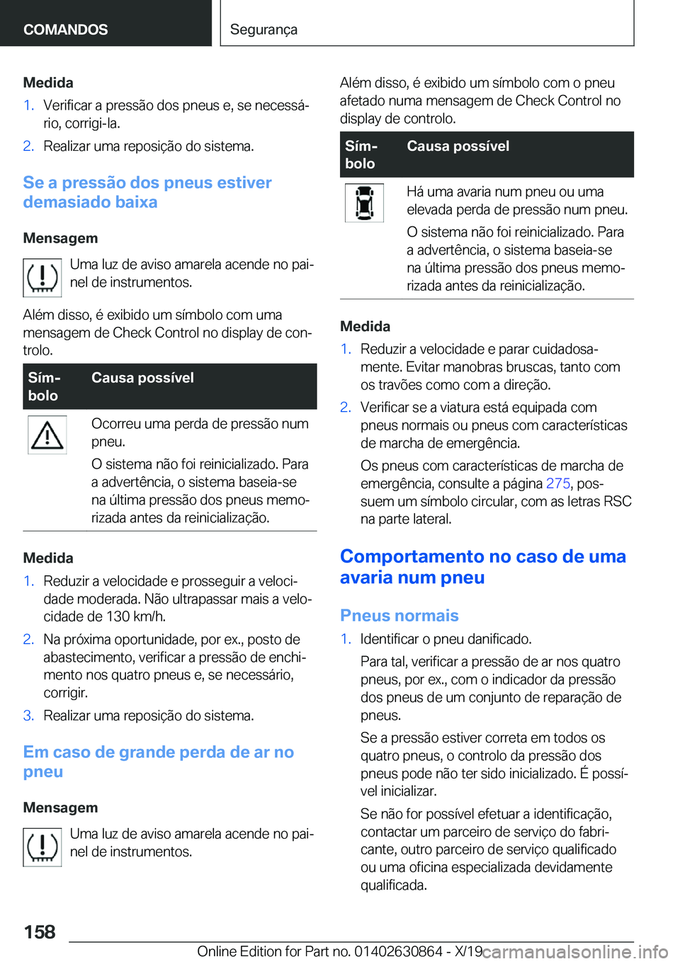BMW 4 SERIES GRAN COUPE 2020  Manual do condutor (in Portuguese) �M�e�d�i�d�a�1�.�V�e�r�i�f�i�c�a�r��a��p�r�e�s�s�ã�o��d�o�s��p�n�e�u�s��e�,��s�e��n�e�c�e�s�s�áª
�r�i�o�,��c�o�r�r�i�g�i�-�l�a�.�2�.�R�e�a�l�i�z�a�r��u�m�a��r�e�p�o�s�i�