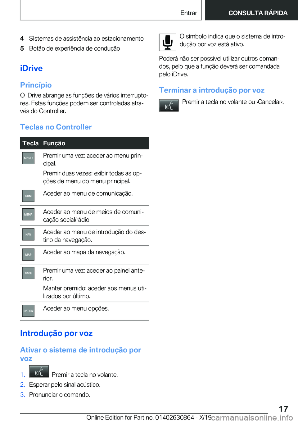 BMW 4 SERIES GRAN COUPE 2020  Manual do condutor (in Portuguese) �4�S�i�s�t�e�m�a�s��d�e��a�s�s�i�s�t�ê�n�c�i�a��a�o��e�s�t�a�c�i�o�n�a�m�e�n�t�o�5�B�o�t�ã�o��d�e��e�x�p�e�r�i�ê�n�c�i�a��d�e��c�o�n�d�u�