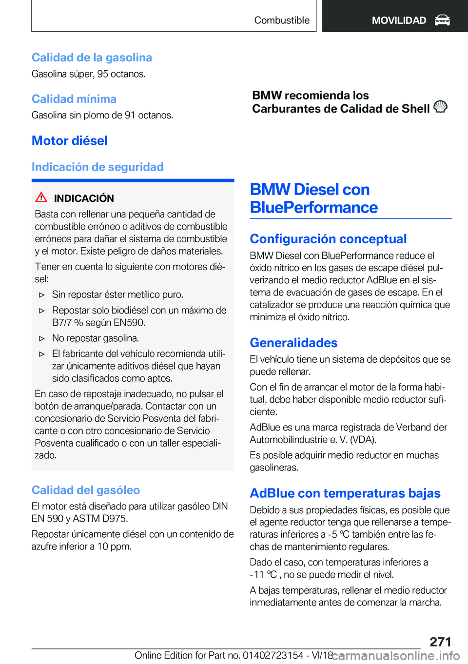BMW 4 SERIES GRAN COUPE 2019  Manuales de Empleo (in Spanish) �C�a�l�i�d�a�d��d�e��l�a��g�a�s�o�l�i�n�a�G�a�s�o�l�i�n�a��s�
