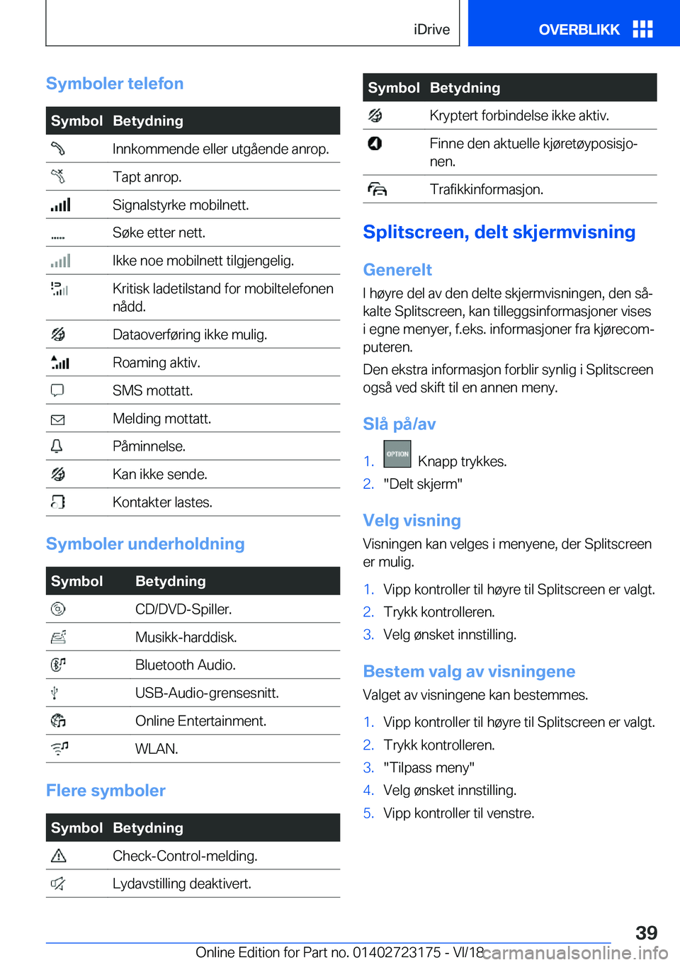 BMW 4 SERIES GRAN COUPE 2019  InstruksjonsbØker (in Norwegian) �S�y�m�b�o�l�e�r��t�e�l�e�f�o�n�S�y�m�b�o�l�B�e�t�y�d�n�i�n�g��I�n�n�k�o�m�m�e�n�d�e��e�l�l�e�r��u�t�g�å�e�n�d�e��a�n�r�o�p�.��T�a�p�t��a�n�r�o�p�.��S�i�g�n�a�l�s�t�y�r�k�e��m�o�b�i�l�n�e�t�