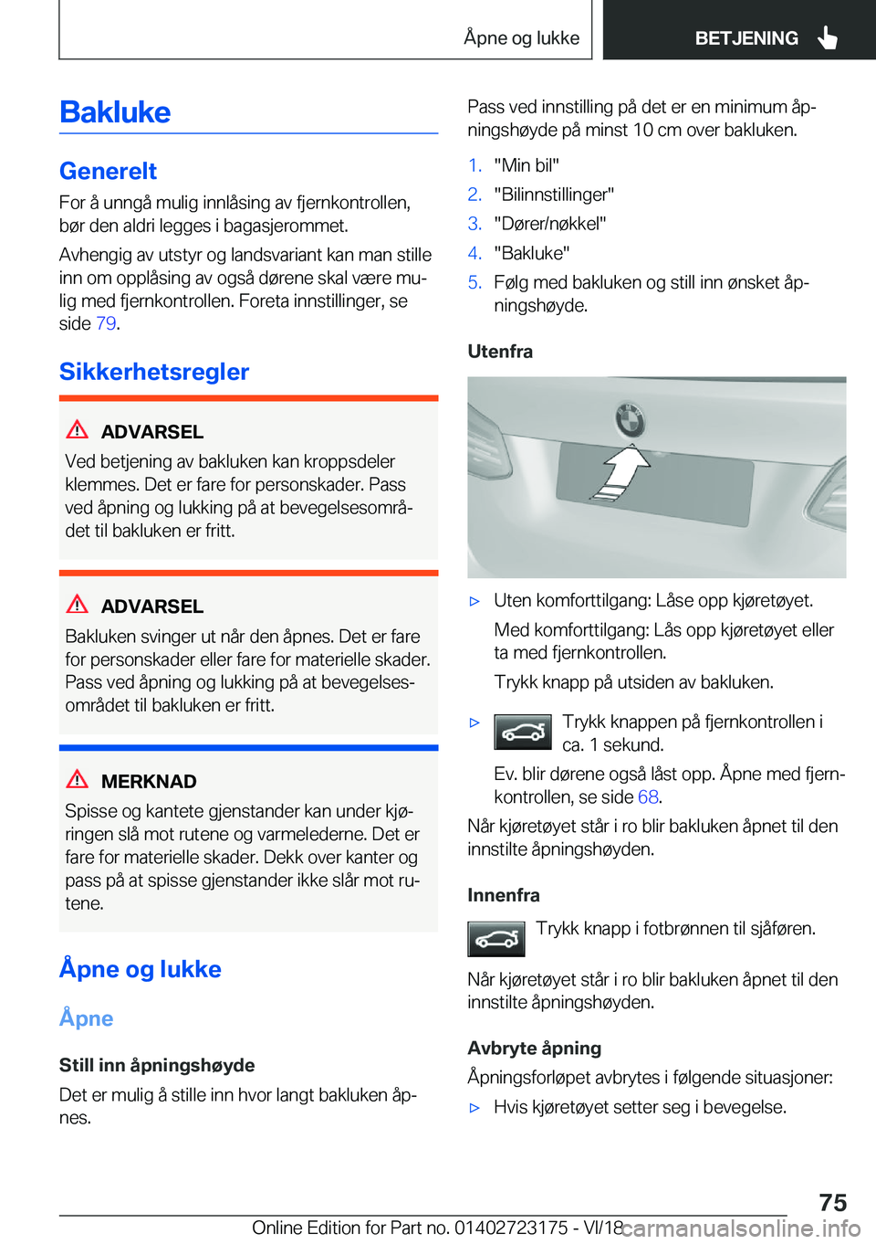 BMW 4 SERIES GRAN COUPE 2019  InstruksjonsbØker (in Norwegian) �B�a�k�l�u�k�e
�G�e�n�e�r�e�l�t
�F�o�r��å��u�n�n�g�å��m�u�l�i�g��i�n�n�l�å�s�i�n�g��a�v��f�j�e�r�n�k�o�n�t�r�o�l�l�e�n�,
�b�