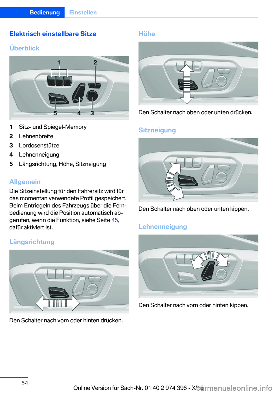 BMW 4 SERIES GRAN COUPE 2017  Betriebsanleitungen (in German) �E�l�e�k�t�r�i�s�c�h��e�i�n�s�t�e�l�l�b�a�r�e��S�i�t�z�e
�