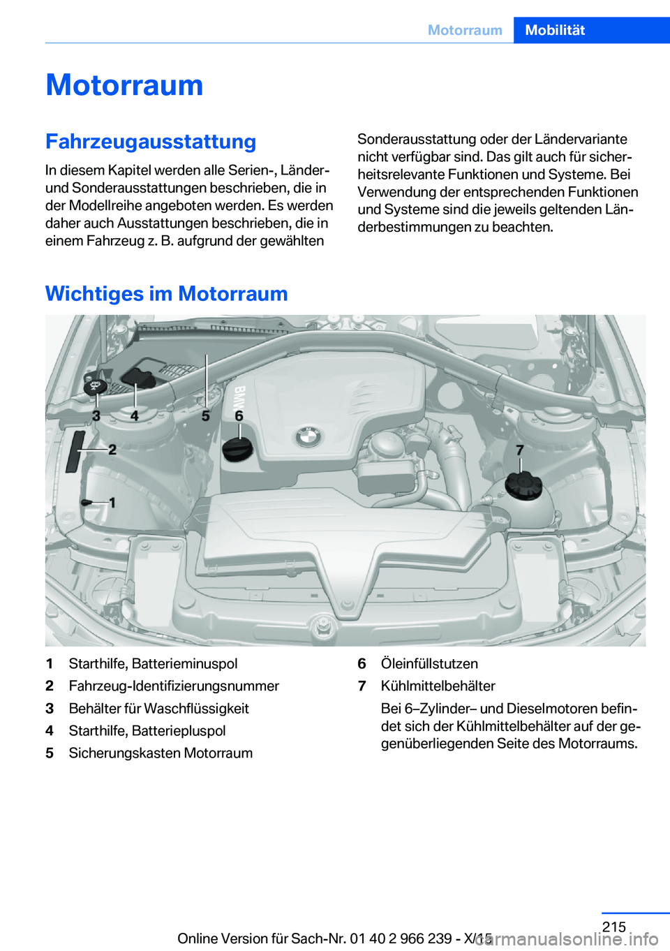 BMW 4 SERIES GRAN COUPE 2016 Betriebsanleitungen (in German) MotorraumFahrzeugausstattungIn diesem Kapitel werden alle Serien-, Länder-
und Sonderausstattungen beschrieben, die in
der Modellreihe angeboten werden. Es werden
daher auch Ausstattungen beschrieben BMW 4 SERIES GRAN COUPE 2016 Betriebsanleitungen (in German) MotorraumFahrzeugausstattungIn diesem Kapitel werden alle Serien-, Länder-
und Sonderausstattungen beschrieben, die in
der Modellreihe angeboten werden. Es werden
daher auch Ausstattungen beschrieben