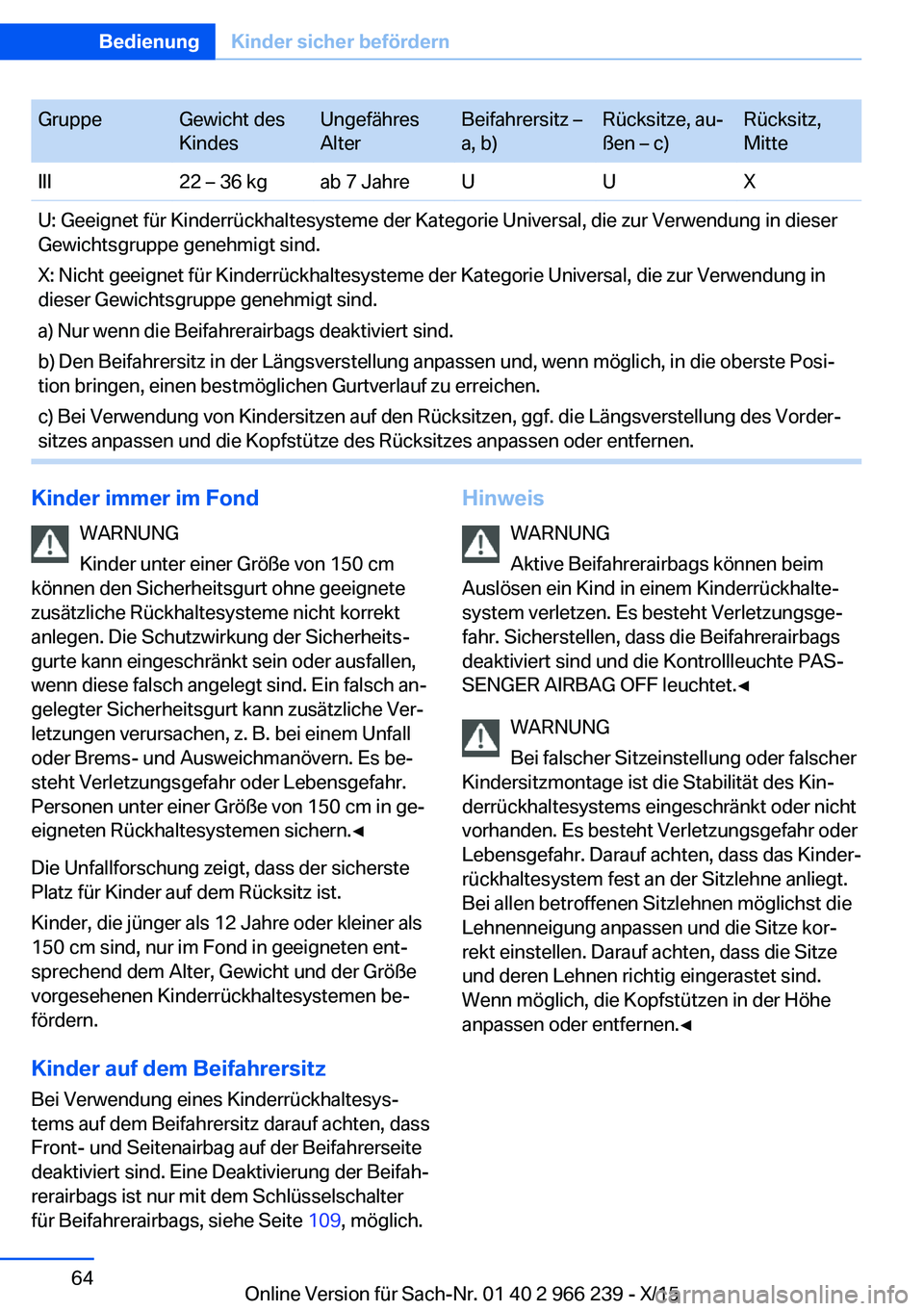 BMW 4 SERIES GRAN COUPE 2016 Betriebsanleitungen (in German) GruppeGewicht des
KindesUngefähres
AlterBeifahrersitz –
a, b)Rücksitze, au‐
ßen – c)Rücksitz,
MitteIII22 – 36 kgab 7 JahreUUXU: Geeignet für Kinderrückhaltesysteme der Kategorie Universa BMW 4 SERIES GRAN COUPE 2016 Betriebsanleitungen (in German) GruppeGewicht des
KindesUngefähres
AlterBeifahrersitz –
a, b)Rücksitze, au‐
ßen – c)Rücksitz,
MitteIII22 – 36 kgab 7 JahreUUXU: Geeignet für Kinderrückhaltesysteme der Kategorie Universa