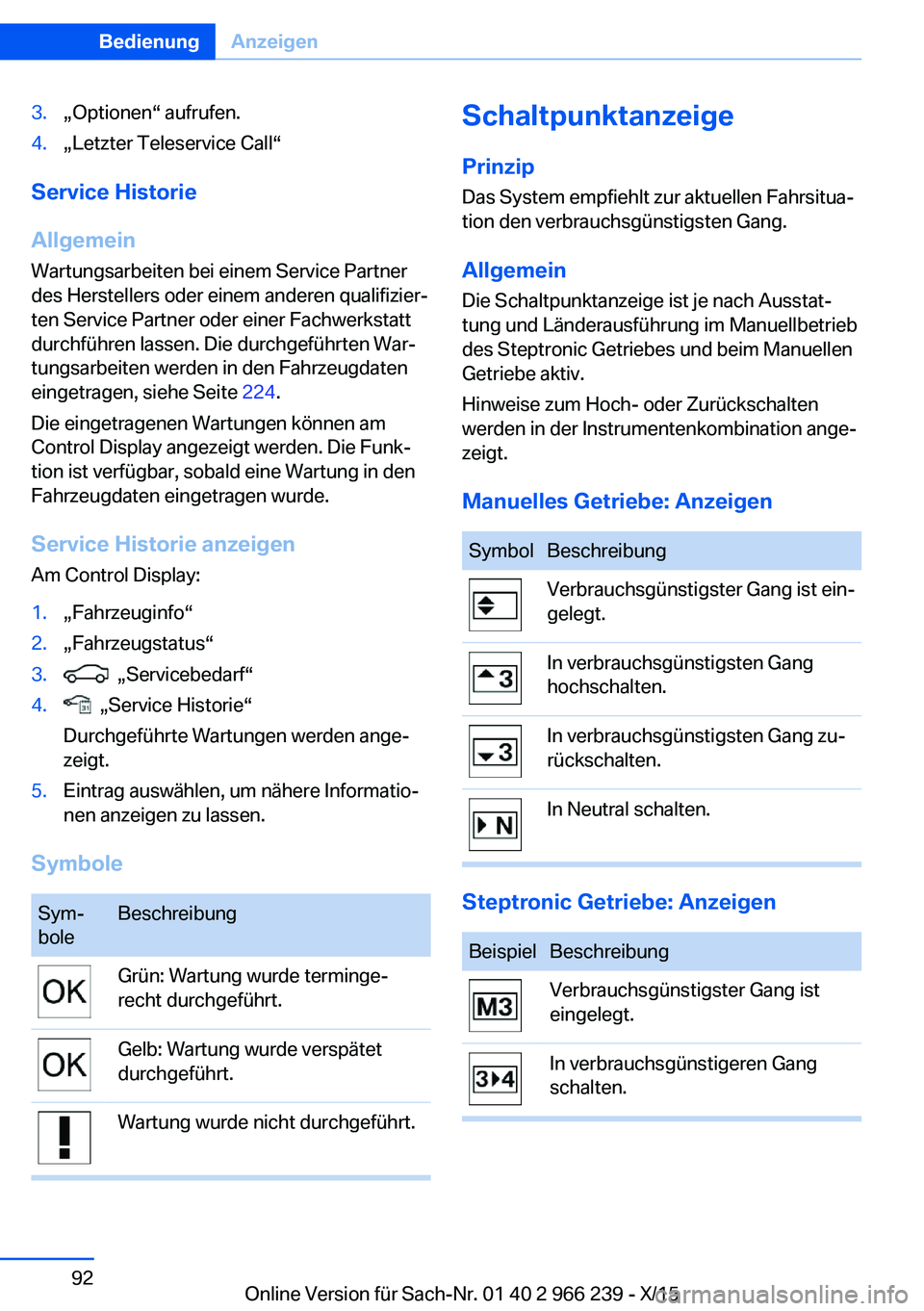 BMW 4 SERIES GRAN COUPE 2016 Betriebsanleitungen (in German) 3.„Optionen“ aufrufen.4.„Letzter Teleservice Call“
Service Historie
Allgemein Wartungsarbeiten bei einem Service Partner
des Herstellers oder einem anderen qualifizier‐
ten Service Partner o BMW 4 SERIES GRAN COUPE 2016 Betriebsanleitungen (in German) 3.„Optionen“ aufrufen.4.„Letzter Teleservice Call“
Service Historie
Allgemein Wartungsarbeiten bei einem Service Partner
des Herstellers oder einem anderen qualifizier‐
ten Service Partner o
