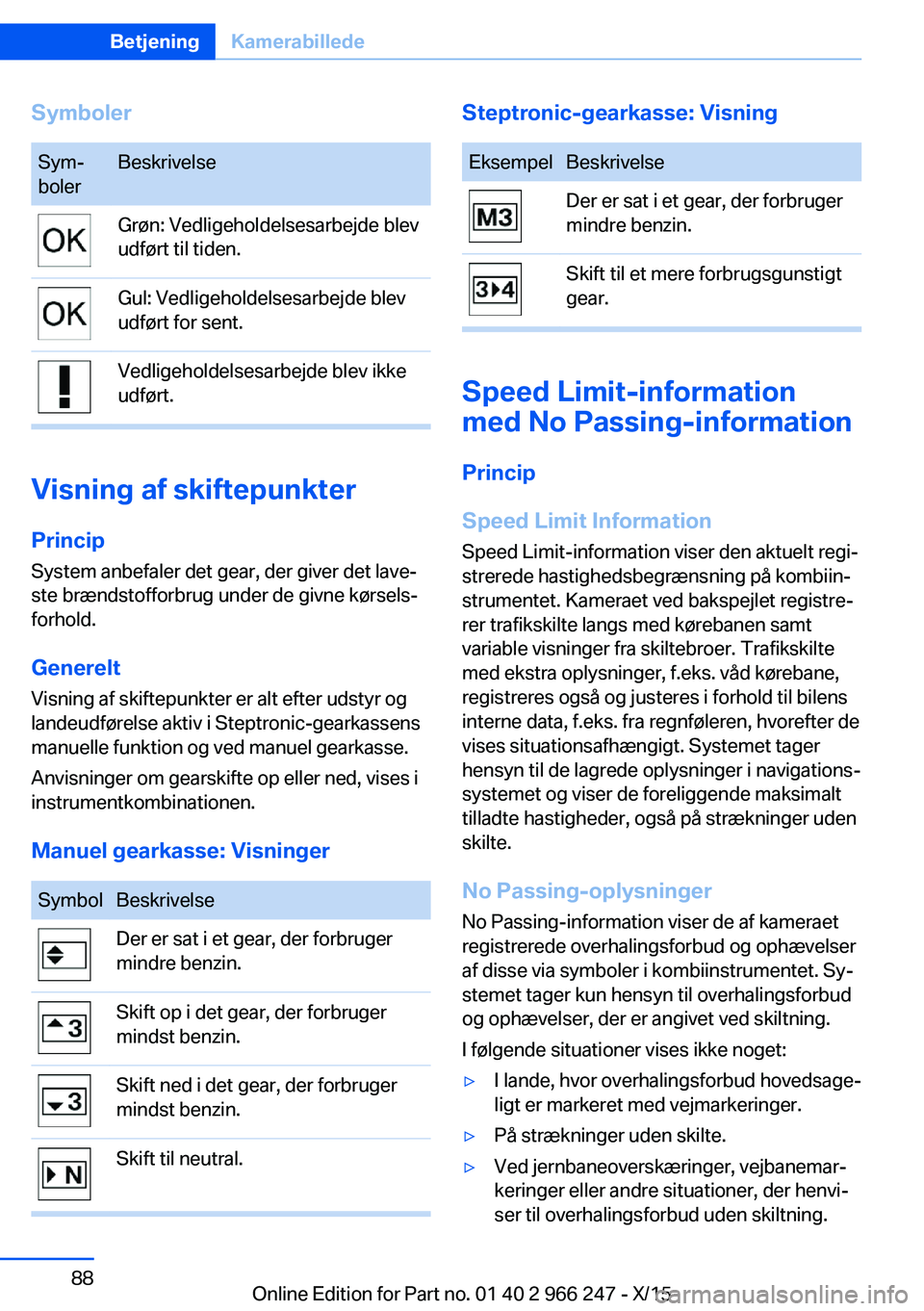 BMW 4 SERIES GRAN COUPE 2016  InstruktionsbØger (in Danish) SymbolerSym‐
bolerBeskrivelseGrøn: Vedligeholdelsesarbejde blev
udført til tiden.Gul: Vedligeholdelsesarbejde blev
udført for sent.Vedligeholdelsesarbejde blev ikke
udført.
Visning af skiftepunk