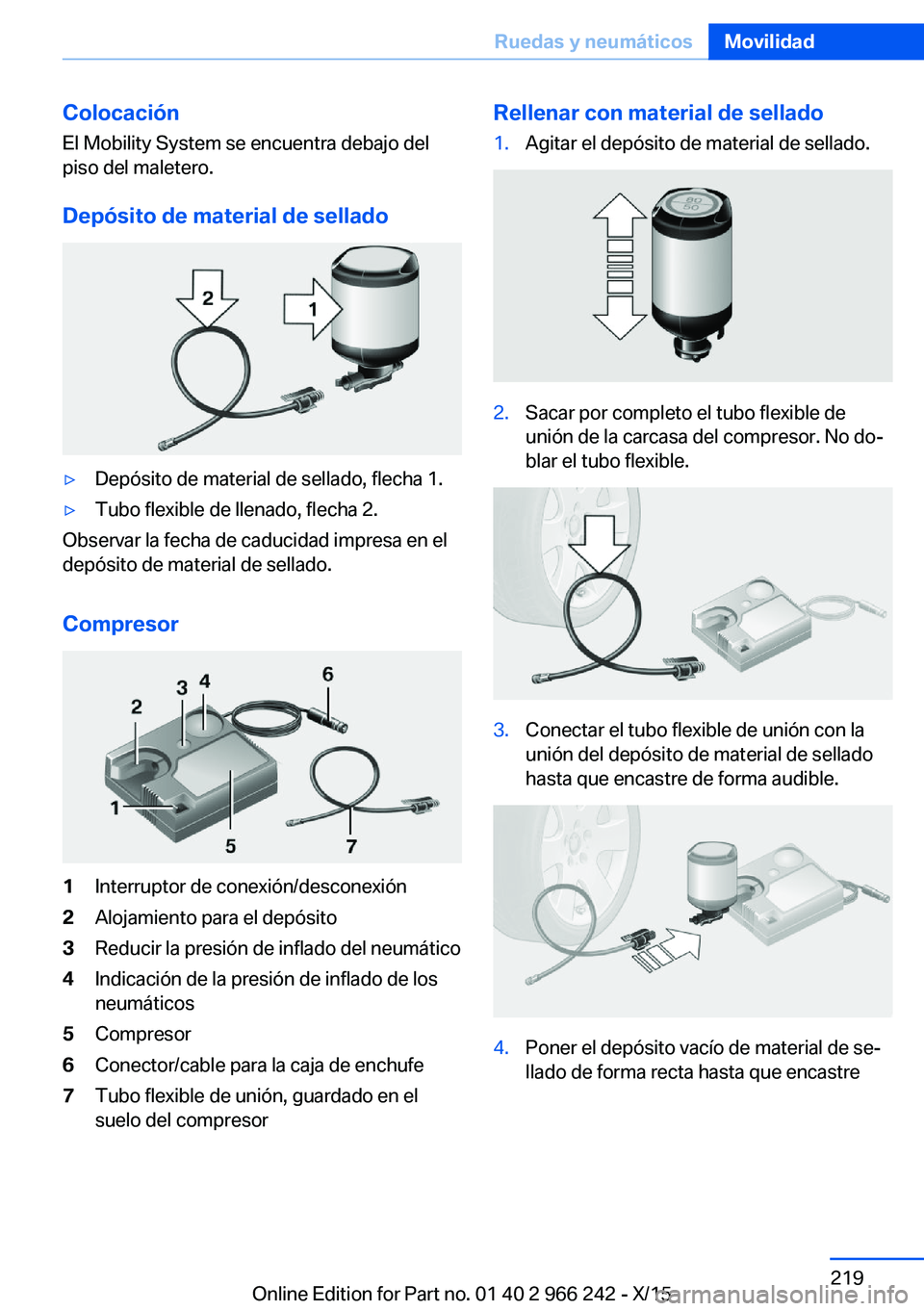 BMW 4 SERIES GRAN COUPE 2016 Manuales de Empleo (in Spanish) ColocaciónEl Mobility System se encuentra debajo del
piso del maletero.
Depósito de material de sellado▷Depósito de material de sellado, flecha 1.▷Tubo flexible de llenado, flecha 2.
Observar l BMW 4 SERIES GRAN COUPE 2016 Manuales de Empleo (in Spanish) ColocaciónEl Mobility System se encuentra debajo del
piso del maletero.
Depósito de material de sellado▷Depósito de material de sellado, flecha 1.▷Tubo flexible de llenado, flecha 2.
Observar l