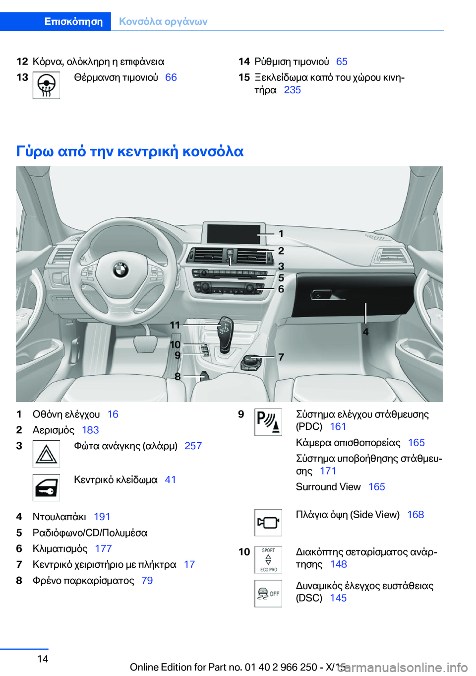 BMW 4 SERIES GRAN COUPE 2016 ΟΔΗΓΌΣ ΧΡΉΣΗΣ (in Greek) 12Κόρνα, ολόκληρη η επιφάνεια13Θέρμανση τιμονιού 6614Ρύθμιση τιμονιού 6515Ξεκλείδωμα καπό του χώρου κινη‐
τ BMW 4 SERIES GRAN COUPE 2016 ΟΔΗΓΌΣ ΧΡΉΣΗΣ (in Greek) 12Κόρνα, ολόκληρη η επιφάνεια13Θέρμανση τιμονιού 6614Ρύθμιση τιμονιού 6515Ξεκλείδωμα καπό του χώρου κινη‐
τ