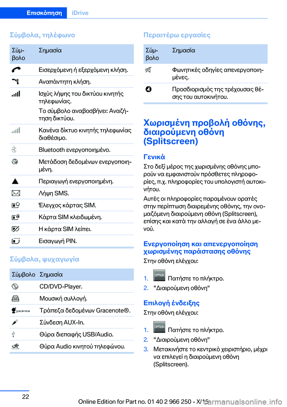 BMW 4 SERIES GRAN COUPE 2016  ΟΔΗΓΌΣ ΧΡΉΣΗΣ (in Greek) Σύμβολα, τηλέφωνοΣύμ‐
βολοΣημασία Εισερχόμενη ή εξερχόμενη κλήση. Αναπάντητη κλήση. Ισχύς λήψης του δικτύου