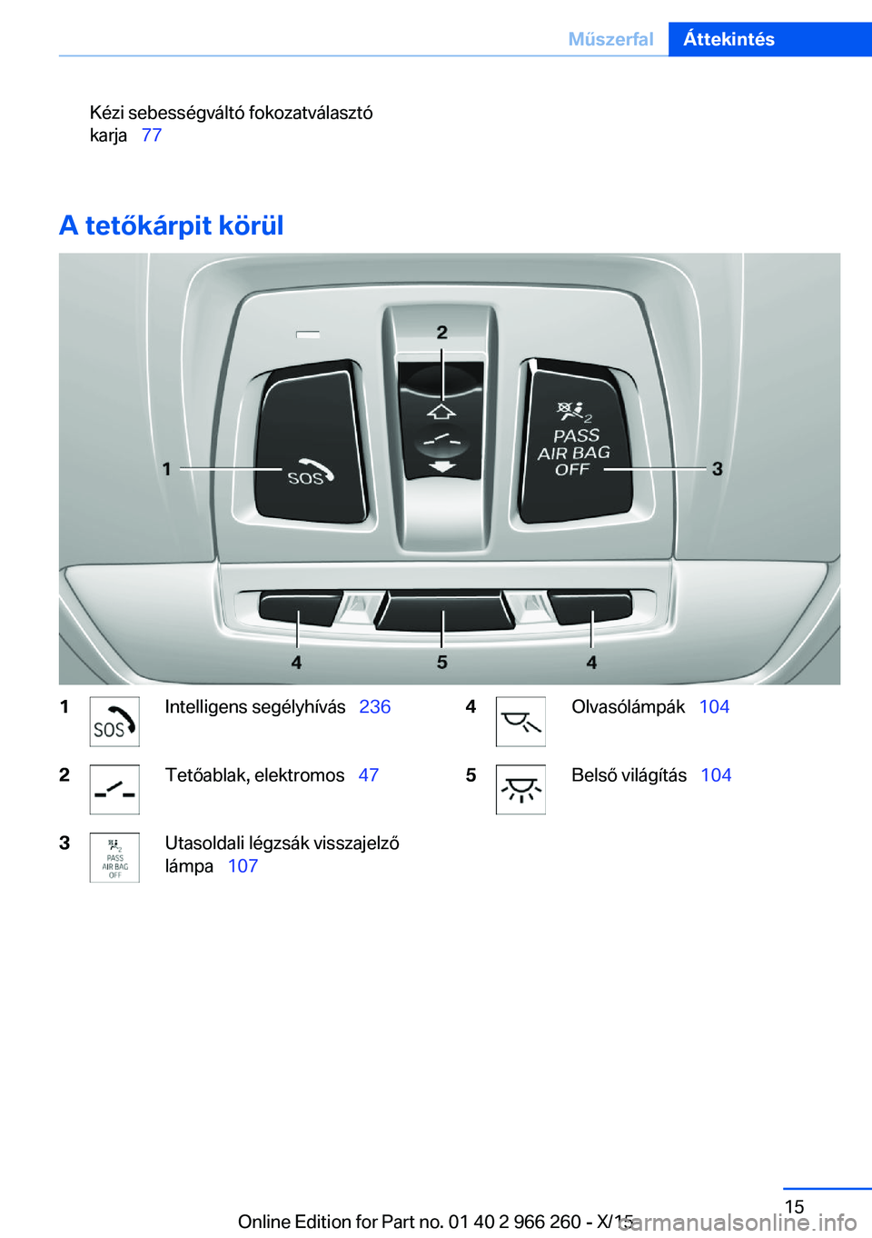 BMW 4 SERIES GRAN COUPE 2016 Kezelési útmutató (in Hungarian) Kézi sebességváltó fokozatválasztó
karja 77
A tetőkárpit körül
1Intelligens segélyhívás 2362Tetőablak, elektromos 473Utasoldali légzsák visszajelző
lámpa 1074O BMW 4 SERIES GRAN COUPE 2016 Kezelési útmutató (in Hungarian) Kézi sebességváltó fokozatválasztó
karja 77
A tetőkárpit körül
1Intelligens segélyhívás 2362Tetőablak, elektromos 473Utasoldali légzsák visszajelző
lámpa 1074O