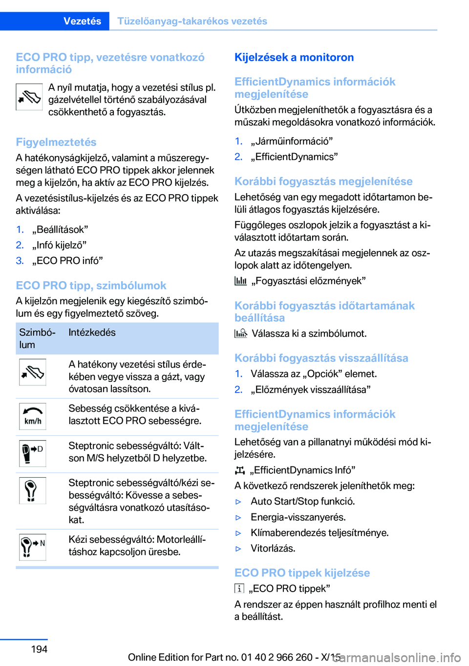 BMW 4 SERIES GRAN COUPE 2016 Kezelési útmutató (in Hungarian) ECO PRO tipp, vezetésre vonatkozó
információ
A nyíl mutatja, hogy a vezetési stílus pl.
gázelvétellel történő szabályozásával
csökkenthető a fogyasztás.
Figyelmeztetés
A hatékonys BMW 4 SERIES GRAN COUPE 2016 Kezelési útmutató (in Hungarian) ECO PRO tipp, vezetésre vonatkozó
információ
A nyíl mutatja, hogy a vezetési stílus pl.
gázelvétellel történő szabályozásával
csökkenthető a fogyasztás.
Figyelmeztetés
A hatékonys