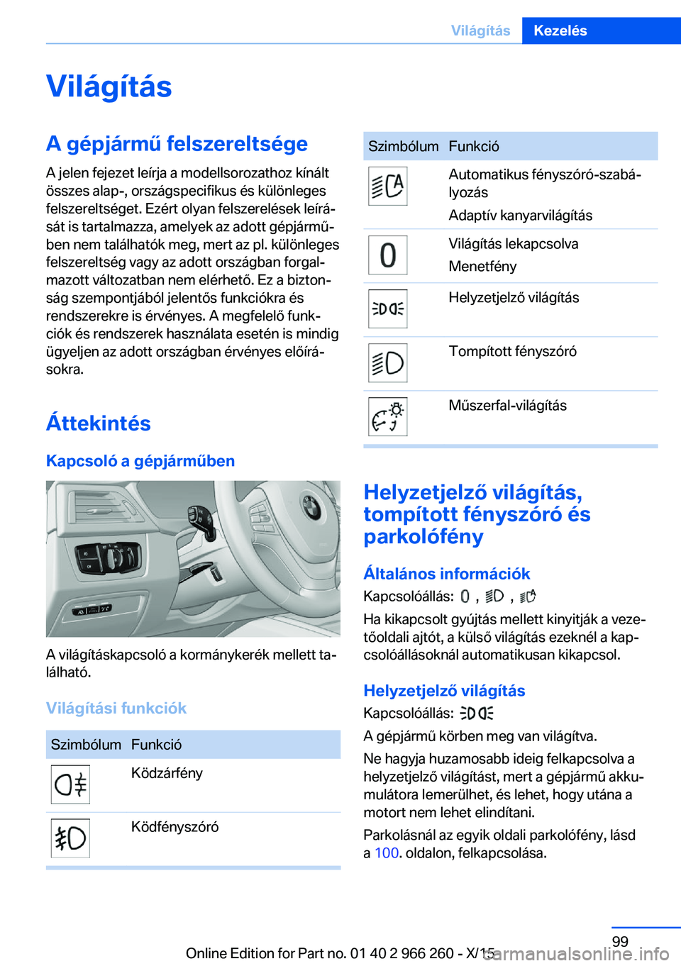 BMW 4 SERIES GRAN COUPE 2016 Kezelési útmutató (in Hungarian) VilágításA gépjármű felszereltsége
A jelen fejezet leírja a modellsorozathoz kínált
összes alap-, országspecifikus és különleges
felszereltséget. Ezért olyan felszerelések leírá‐ BMW 4 SERIES GRAN COUPE 2016 Kezelési útmutató (in Hungarian) VilágításA gépjármű felszereltsége
A jelen fejezet leírja a modellsorozathoz kínált
összes alap-, országspecifikus és különleges
felszereltséget. Ezért olyan felszerelések leírá‐