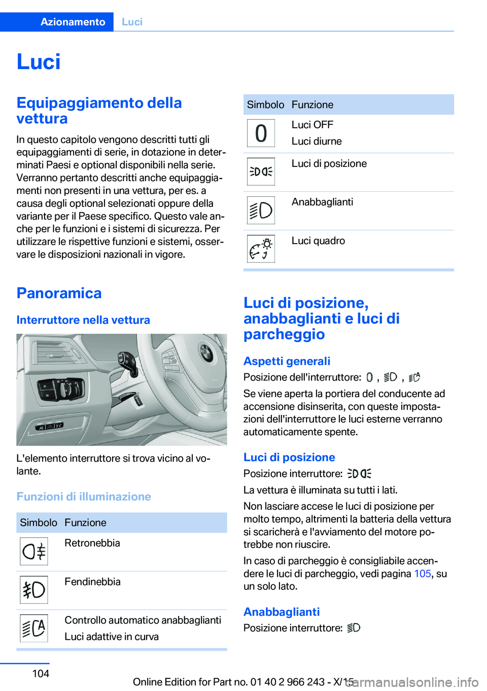 BMW 4 SERIES GRAN COUPE 2016 Libretti Di Uso E manutenzione (in Italian) LuciEquipaggiamento della
vettura
In questo capitolo vengono descritti tutti gli
equipaggiamenti di serie, in dotazione in deter‐
minati Paesi e optional disponibili nella serie.
Verranno pertanto d BMW 4 SERIES GRAN COUPE 2016 Libretti Di Uso E manutenzione (in Italian) LuciEquipaggiamento della
vettura
In questo capitolo vengono descritti tutti gli
equipaggiamenti di serie, in dotazione in deter‐
minati Paesi e optional disponibili nella serie.
Verranno pertanto d
