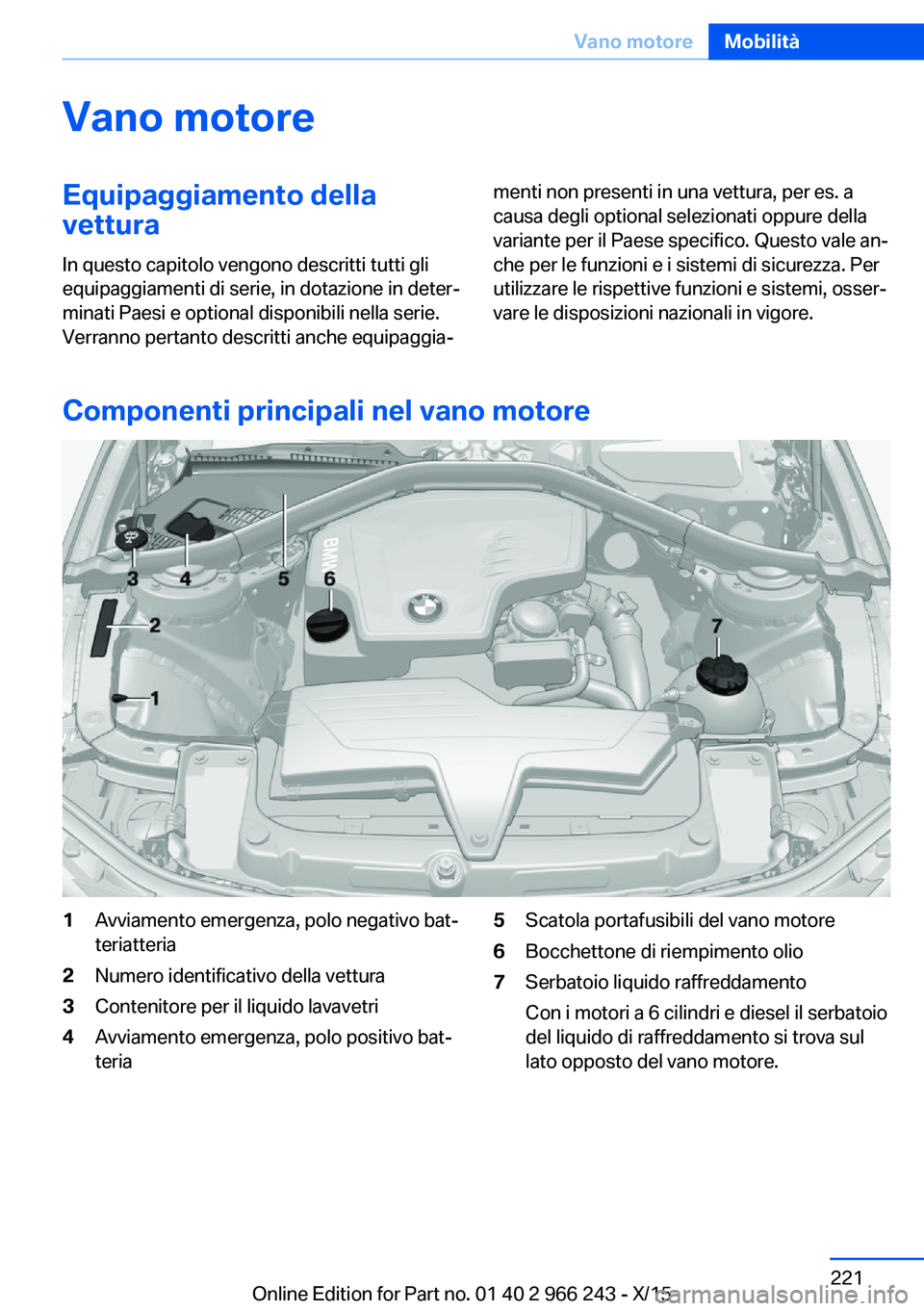 BMW 4 SERIES GRAN COUPE 2016 Libretti Di Uso E manutenzione (in Italian) Vano motoreEquipaggiamento della
vettura
In questo capitolo vengono descritti tutti gli
equipaggiamenti di serie, in dotazione in deter‐
minati Paesi e optional disponibili nella serie.
Verranno per BMW 4 SERIES GRAN COUPE 2016 Libretti Di Uso E manutenzione (in Italian) Vano motoreEquipaggiamento della
vettura
In questo capitolo vengono descritti tutti gli
equipaggiamenti di serie, in dotazione in deter‐
minati Paesi e optional disponibili nella serie.
Verranno per