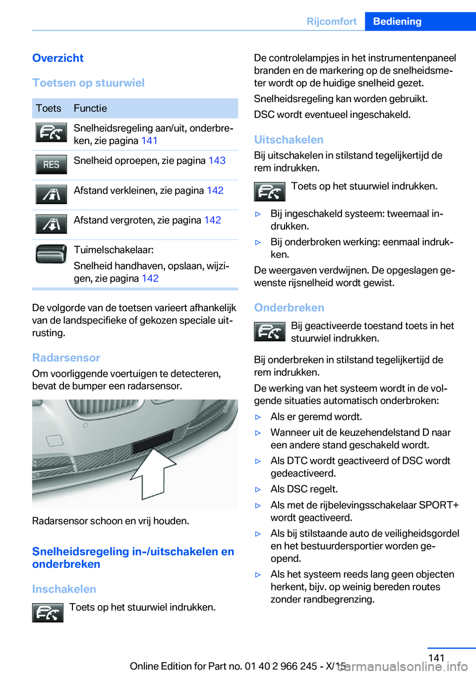 BMW 4 SERIES GRAN COUPE 2016 Instructieboekjes (in Dutch) Overzicht
Toetsen op stuurwielToetsFunctieSnelheidsregeling aan/uit, onderbre‐
ken, zie pagina 141Snelheid oproepen, zie pagina 143Afstand verkleinen, zie pagina 142Afstand vergroten, zie pagina 1 BMW 4 SERIES GRAN COUPE 2016 Instructieboekjes (in Dutch) Overzicht
Toetsen op stuurwielToetsFunctieSnelheidsregeling aan/uit, onderbre‐
ken, zie pagina 141Snelheid oproepen, zie pagina 143Afstand verkleinen, zie pagina 142Afstand vergroten, zie pagina 1