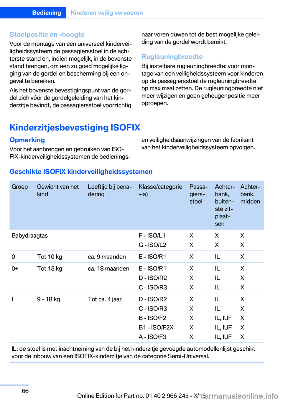 BMW 4 SERIES GRAN COUPE 2016 Instructieboekjes (in Dutch) Stoelpositie en -hoogteVoor de montage van een universeel kindervei‐
ligheidssysteem de passagiersstoel in de ach‐
terste stand en, indien mogelijk, in de bovenste
stand brengen, om een zo goed mo BMW 4 SERIES GRAN COUPE 2016 Instructieboekjes (in Dutch) Stoelpositie en -hoogteVoor de montage van een universeel kindervei‐
ligheidssysteem de passagiersstoel in de ach‐
terste stand en, indien mogelijk, in de bovenste
stand brengen, om een zo goed mo