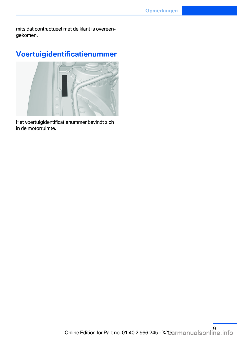 BMW 4 SERIES GRAN COUPE 2016 Instructieboekjes (in Dutch) mits dat contractueel met de klant is overeen‐
gekomen.
Voertuigidentificatienummer
Het voertuigidentificatienummer bevindt zich
in de motorruimte.
Seite 9Opmerkingen9
Online Edition for Part no. 01 BMW 4 SERIES GRAN COUPE 2016 Instructieboekjes (in Dutch) mits dat contractueel met de klant is overeen‐
gekomen.
Voertuigidentificatienummer
Het voertuigidentificatienummer bevindt zich
in de motorruimte.
Seite 9Opmerkingen9
Online Edition for Part no. 01