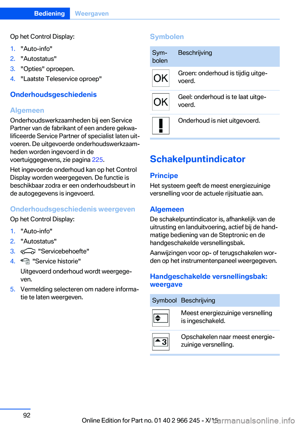 BMW 4 SERIES GRAN COUPE 2016 Instructieboekjes (in Dutch) Op het Control Display:1."Auto-info"2."Autostatus"3."Opties" oproepen.4."Laatste Teleservice oproep"
Onderhoudsgeschiedenis
Algemeen
Onderhoudswerkzaamheden bij een Ser BMW 4 SERIES GRAN COUPE 2016 Instructieboekjes (in Dutch) Op het Control Display:1."Auto-info"2."Autostatus"3."Opties" oproepen.4."Laatste Teleservice oproep"
Onderhoudsgeschiedenis
Algemeen
Onderhoudswerkzaamheden bij een Ser