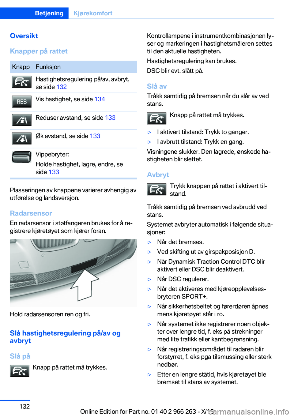 BMW 4 SERIES GRAN COUPE 2016 InstruksjonsbØker (in Norwegian) Oversikt
Knapper på rattetKnappFunksjonHastighetsregulering på/av, avbryt,
se side 132Vis hastighet, se side 134Reduser avstand, se side 133Øk avstand, se side 133Vippebryter:
Holde hastighet, l BMW 4 SERIES GRAN COUPE 2016 InstruksjonsbØker (in Norwegian) Oversikt
Knapper på rattetKnappFunksjonHastighetsregulering på/av, avbryt,
se side 132Vis hastighet, se side 134Reduser avstand, se side 133Øk avstand, se side 133Vippebryter:
Holde hastighet, l
