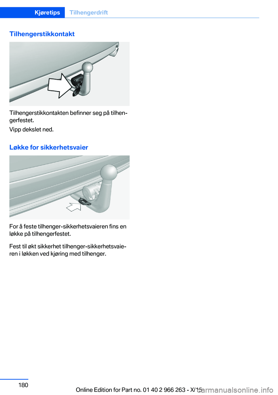 BMW 4 SERIES GRAN COUPE 2016 InstruksjonsbØker (in Norwegian) Tilhengerstikkontakt
Tilhengerstikkontakten befinner seg på tilhen‐
gerfestet.
Vipp dekslet ned.
Løkke for sikkerhetsvaier
For å feste tilhenger-sikkerhetsvaieren fins en
løkke på tilhengerfest BMW 4 SERIES GRAN COUPE 2016 InstruksjonsbØker (in Norwegian) Tilhengerstikkontakt
Tilhengerstikkontakten befinner seg på tilhen‐
gerfestet.
Vipp dekslet ned.
Løkke for sikkerhetsvaier
For å feste tilhenger-sikkerhetsvaieren fins en
løkke på tilhengerfest