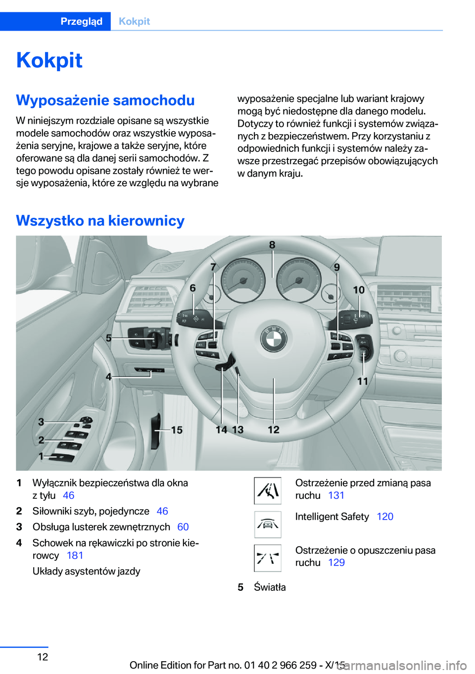 BMW 4 SERIES GRAN COUPE 2016 Instrukcja obsługi (in Polish) KokpitWyposażenie samochoduW niniejszym rozdziale opisane są wszystkie
modele samochodów oraz wszystkie wyposa‐
żenia seryjne, krajowe a także seryjne, które
oferowane są dla danej serii samo BMW 4 SERIES GRAN COUPE 2016 Instrukcja obsługi (in Polish) KokpitWyposażenie samochoduW niniejszym rozdziale opisane są wszystkie
modele samochodów oraz wszystkie wyposa‐
żenia seryjne, krajowe a także seryjne, które
oferowane są dla danej serii samo