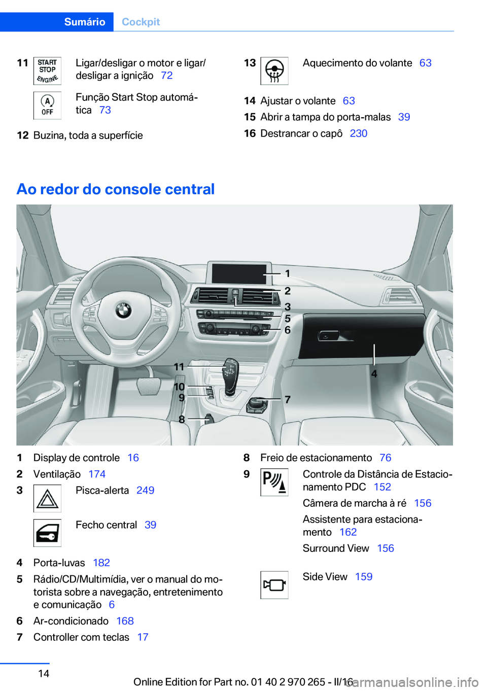 BMW 4 SERIES GRAN COUPE 2016  Manual do condutor (in Portuguese) 11Ligar/desligar o motor e ligar/
desligar a ignição   72Função Start Stop automá‐
tica   7312Buzina, toda a superfície13Aquecimento do volante   6314Ajustar o volante  6315Abr