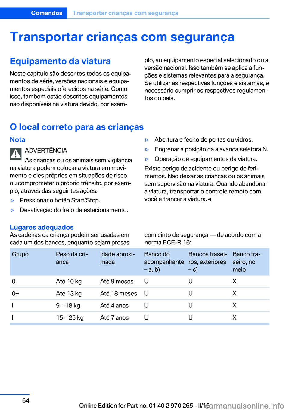 BMW 4 SERIES GRAN COUPE 2016  Manual do condutor (in Portuguese) Transportar crianças com segurançaEquipamento da viaturaNeste capítulo são descritos todos os equipa‐
mentos de série, versões nacionais e equipa‐
mentos especiais oferecidos na série. Como