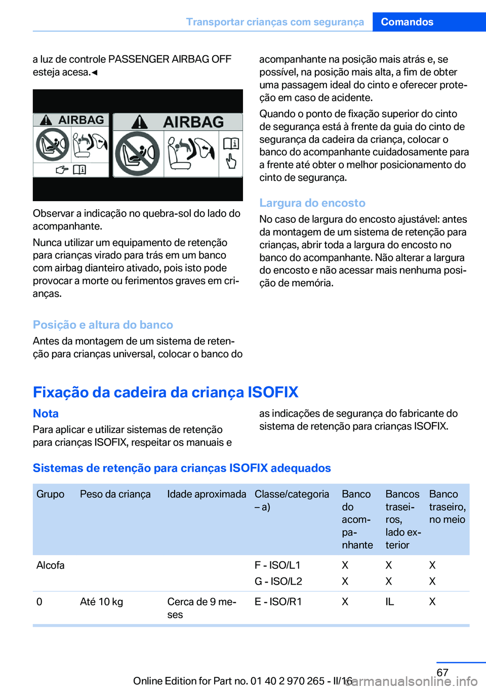 BMW 4 SERIES GRAN COUPE 2016 Manual do condutor (in Portuguese) a luz de controle PASSENGER AIRBAG OFF
esteja acesa.◀
Observar a indicação no quebra-sol do lado do
acompanhante.
Nunca utilizar um equipamento de retenção
para crianças virado para trás em um BMW 4 SERIES GRAN COUPE 2016 Manual do condutor (in Portuguese) a luz de controle PASSENGER AIRBAG OFF
esteja acesa.◀
Observar a indicação no quebra-sol do lado do
acompanhante.
Nunca utilizar um equipamento de retenção
para crianças virado para trás em um
