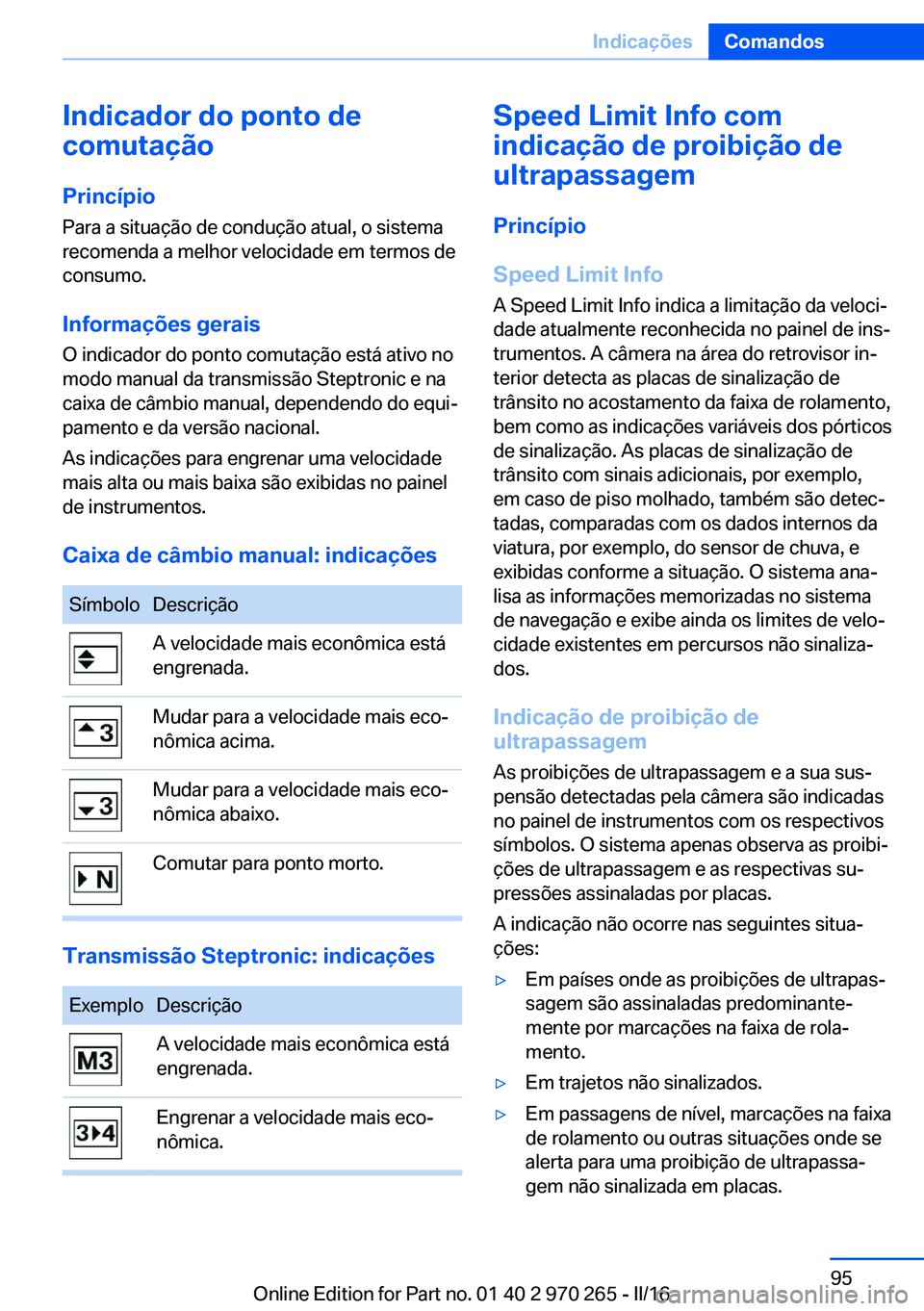 BMW 4 SERIES GRAN COUPE 2016  Manual do condutor (in Portuguese) Indicador do ponto de
comutação
Princípio Para a situação de condução atual, o sistema
recomenda a melhor velocidade em termos de
consumo.
Informações gerais O indicador do ponto comutação 