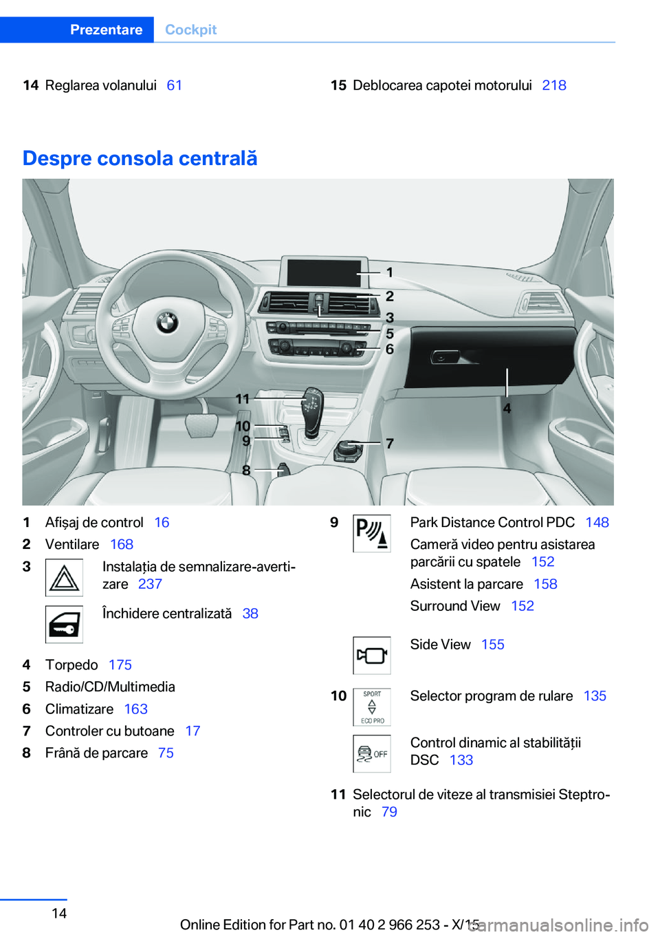 BMW 4 SERIES GRAN COUPE 2016 Ghiduri De Utilizare (in Romanian) 14Reglarea volanului 6115Deblocarea capotei motorului 218
Despre consola centrală
1Afişaj de control 162Ventilare 1683Instalaţia de semnalizare-averti‐
zare 237Închide BMW 4 SERIES GRAN COUPE 2016 Ghiduri De Utilizare (in Romanian) 14Reglarea volanului 6115Deblocarea capotei motorului 218
Despre consola centrală
1Afişaj de control 162Ventilare 1683Instalaţia de semnalizare-averti‐
zare 237Închide