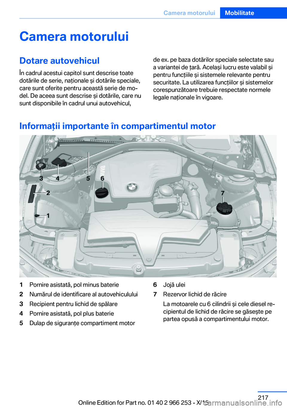 BMW 4 SERIES GRAN COUPE 2016  Ghiduri De Utilizare (in Romanian) Camera motoruluiDotare autovehicul
În cadrul acestui capitol sunt descrise toate
dotările de serie, naţionale şi dotările speciale,
care sunt oferite pentru această serie de mo‐
del. De aceea 