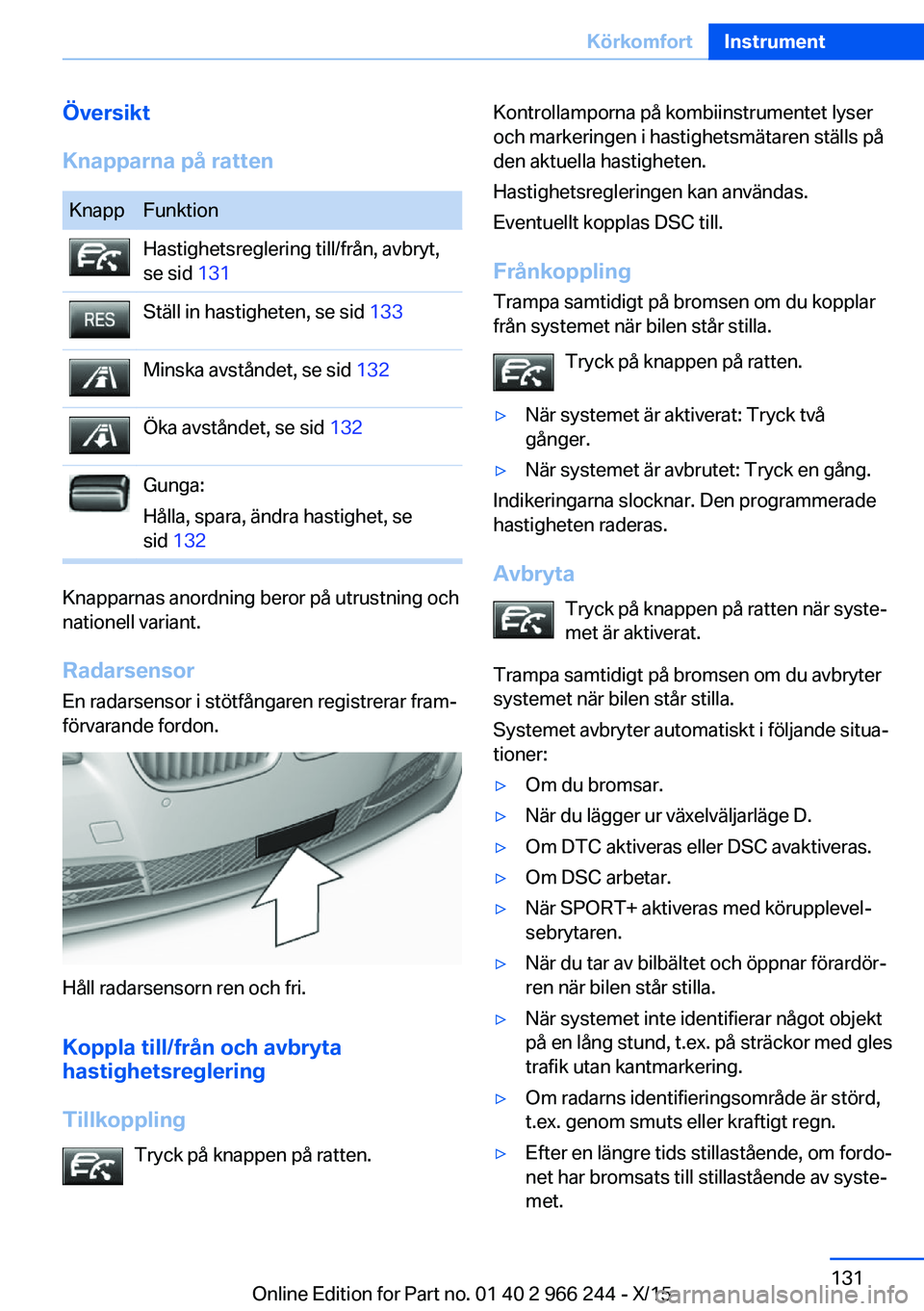 BMW 4 SERIES GRAN COUPE 2016 InstruktionsbÖcker (in Swedish) Översikt
Knapparna på rattenKnappFunktionHastighetsreglering till/från, avbryt,
se sid 131Ställ in hastigheten, se sid 133Minska avståndet, se sid 132Öka avståndet, se sid 132Gunga:
Hålla, s BMW 4 SERIES GRAN COUPE 2016 InstruktionsbÖcker (in Swedish) Översikt
Knapparna på rattenKnappFunktionHastighetsreglering till/från, avbryt,
se sid 131Ställ in hastigheten, se sid 133Minska avståndet, se sid 132Öka avståndet, se sid 132Gunga:
Hålla, s