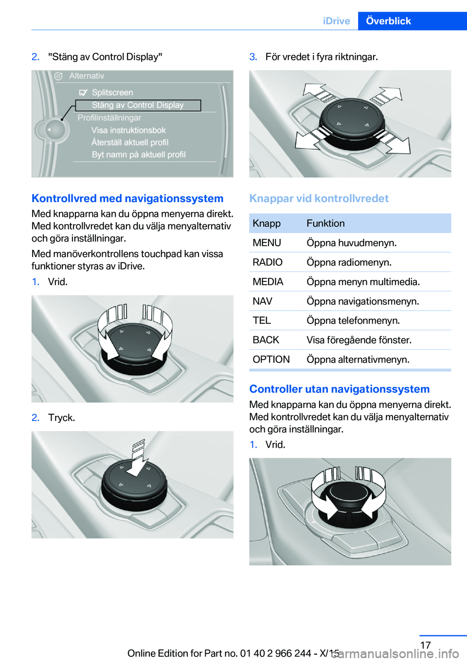 BMW 4 SERIES GRAN COUPE 2016 InstruktionsbÖcker (in Swedish) 2."Stäng av Control Display"
Kontrollvred med navigationssystem
Med knapparna kan du öppna menyerna direkt.
Med kontrollvredet kan du välja menyalternativ
och göra inställningar.
Med man BMW 4 SERIES GRAN COUPE 2016 InstruktionsbÖcker (in Swedish) 2."Stäng av Control Display"
Kontrollvred med navigationssystem
Med knapparna kan du öppna menyerna direkt.
Med kontrollvredet kan du välja menyalternativ
och göra inställningar.
Med man