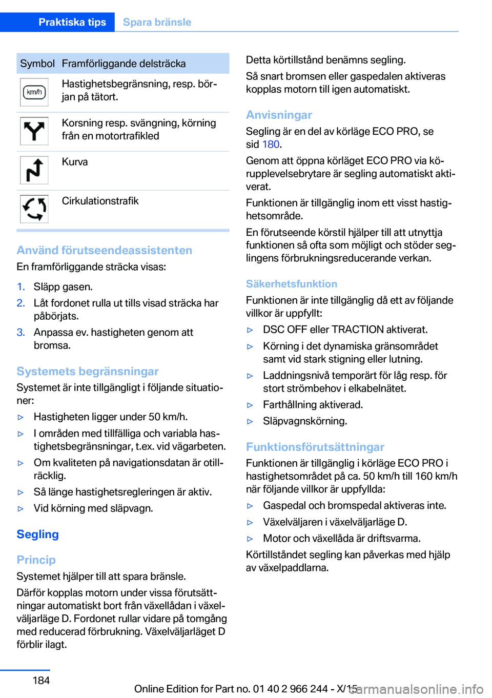 BMW 4 SERIES GRAN COUPE 2016 InstruktionsbÖcker (in Swedish) SymbolFramförliggande delsträckaHastighetsbegränsning, resp. bör‐
jan på tätort.Korsning resp. svängning, körning
från en motortrafikledKurvaCirkulationstrafik
Använd förutseendeassistent BMW 4 SERIES GRAN COUPE 2016 InstruktionsbÖcker (in Swedish) SymbolFramförliggande delsträckaHastighetsbegränsning, resp. bör‐
jan på tätort.Korsning resp. svängning, körning
från en motortrafikledKurvaCirkulationstrafik
Använd förutseendeassistent