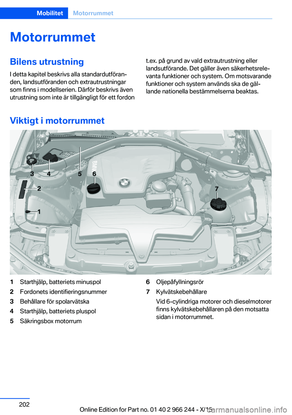 BMW 4 SERIES GRAN COUPE 2016 InstruktionsbÖcker (in Swedish) MotorrummetBilens utrustning
I detta kapitel beskrivs alla standardutföran‐
den, landsutföranden och extrautrustningar
som finns i modellserien. Därför beskrivs även
utrustning som inte är til BMW 4 SERIES GRAN COUPE 2016 InstruktionsbÖcker (in Swedish) MotorrummetBilens utrustning
I detta kapitel beskrivs alla standardutföran‐
den, landsutföranden och extrautrustningar
som finns i modellserien. Därför beskrivs även
utrustning som inte är til