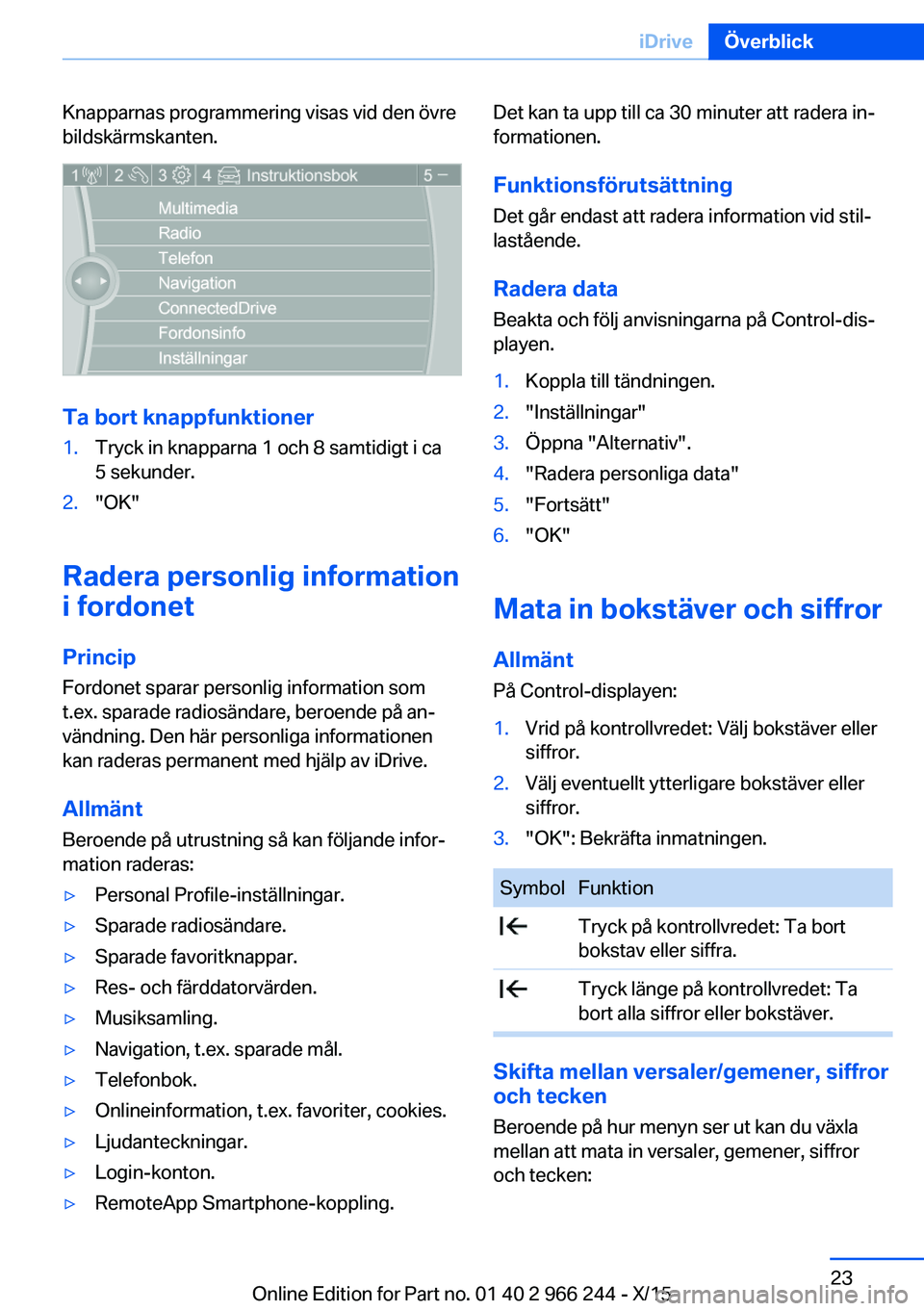 BMW 4 SERIES GRAN COUPE 2016 InstruktionsbÖcker (in Swedish) Knapparnas programmering visas vid den övre
bildskärmskanten.
Ta bort knappfunktioner
1.Tryck in knapparna 1 och 8 samtidigt i ca
5 sekunder.2."OK"
Radera personlig information
i fordonet
Pr BMW 4 SERIES GRAN COUPE 2016 InstruktionsbÖcker (in Swedish) Knapparnas programmering visas vid den övre
bildskärmskanten.
Ta bort knappfunktioner
1.Tryck in knapparna 1 och 8 samtidigt i ca
5 sekunder.2."OK"
Radera personlig information
i fordonet
Pr