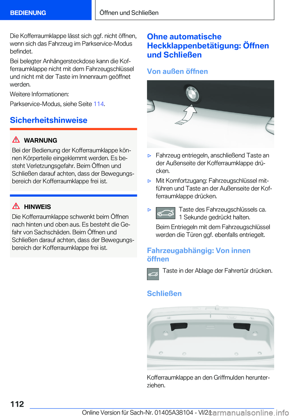 BMW 5 SERIES 2022  Betriebsanleitungen (in German) �D�i�e��K�o�f�f�e�r�r�a�u�m�k�l�a�p�p�e��l�