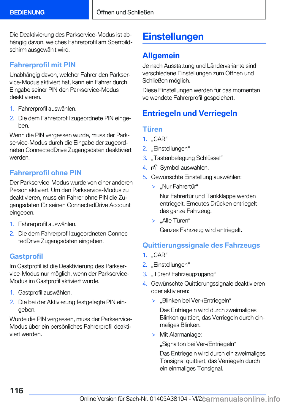BMW 5 SERIES 2022  Betriebsanleitungen (in German) �D�i�e��D�e�a�k�t�i�v�i�e�r�u�n�g��d�e�s��P�a�r�k�s�e�r�v�i�c�e�-�M�o�d�u�s��i�s�t��a�bj�h�