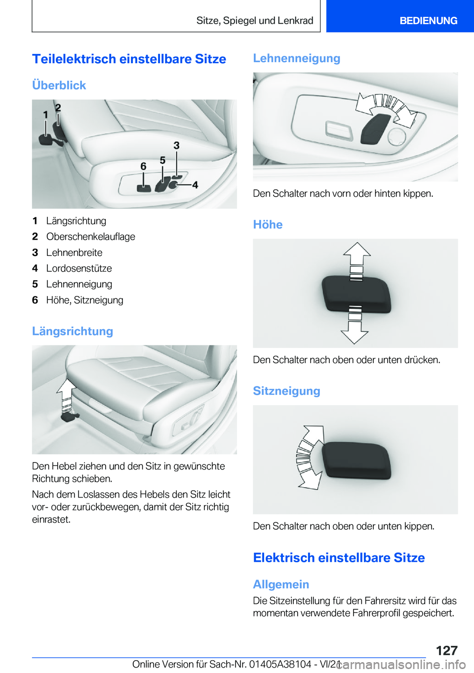 BMW 5 SERIES 2022  Betriebsanleitungen (in German) �T�e�i�l�e�l�e�k�t�r�i�s�c�h��e�i�n�s�t�e�l�l�b�a�r�e��S�i�t�z�e�