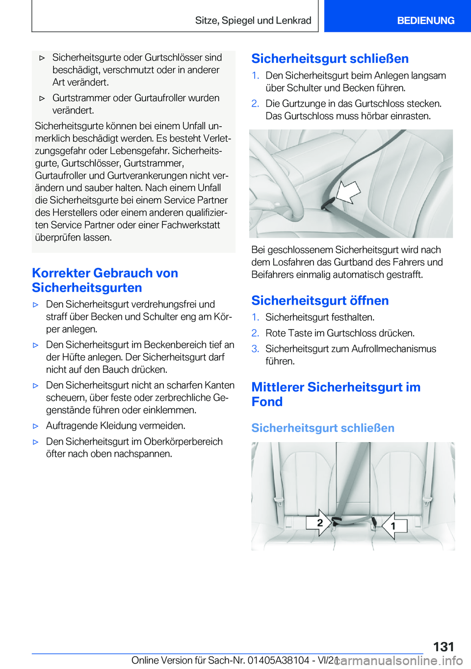 BMW 5 SERIES 2022  Betriebsanleitungen (in German) x�S�i�c�h�e�r�h�e�i�t�s�g�u�r�t�e��o�d�e�r��G�u�r�t�s�c�h�l�